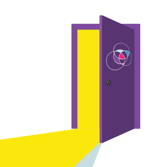Purple door with awrcsasa logo on it, yellow light streaming in