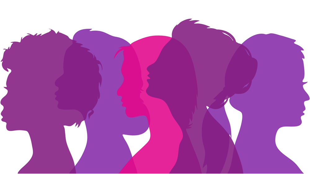 4 overlapping silhouettes of diverse women's heads. Colours from bright pink to deep purple.